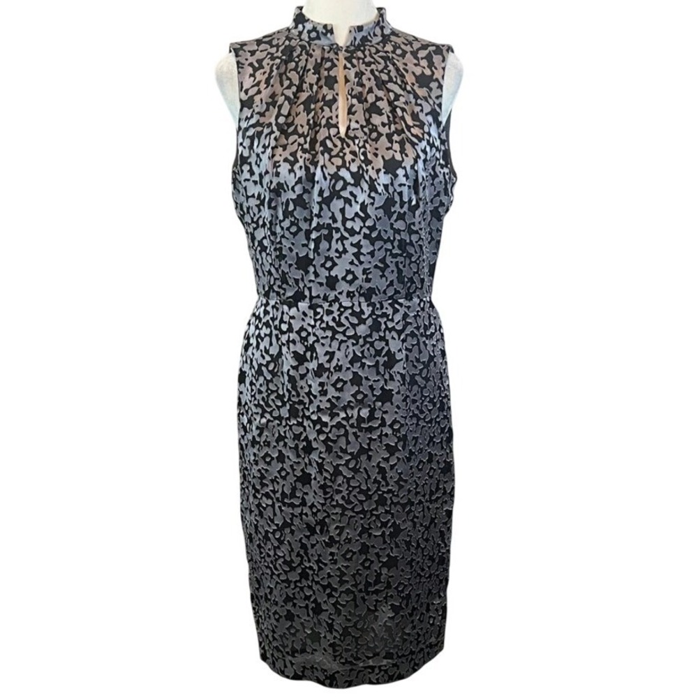 Brooks Brothers Sleeveless Sheath Dress Mandarin Collar Black & Gray Print, US 8